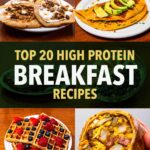 High protein breakfast recipe collage, protein pancakes, egg tacos, waffles with berries, burrito