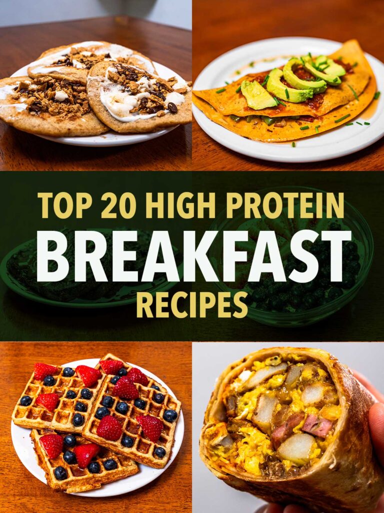 High protein breakfast recipe collage, protein pancakes, egg tacos, waffles with berries, burrito