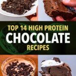High-protein chocolate recipes collage with brownies, chocolate mousse, and ice cream