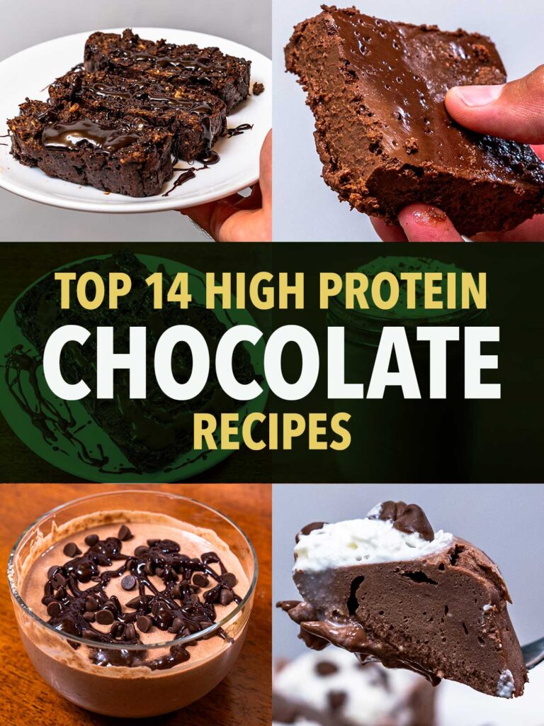 High-protein chocolate recipes collage with brownies, chocolate mousse, and ice cream