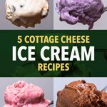 Cottage cheese ice cream scoops in vanilla, berry, strawberry, and chocolate flavors