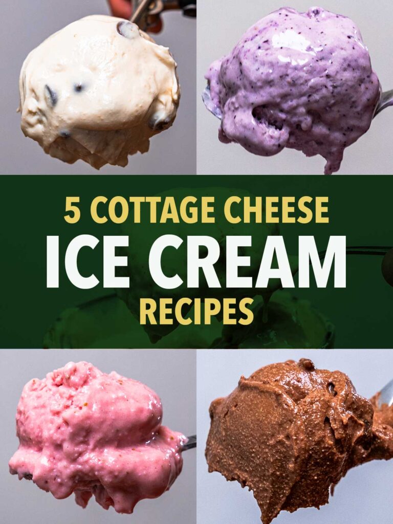 Cottage cheese ice cream scoops in vanilla, berry, strawberry, and chocolate flavors