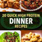 High protein dinner recipe collage, air fryer salmon bites, sesame chicken, lettuce wraps, mac and cheese