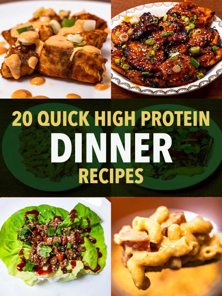 High protein dinner recipe collage, air fryer salmon bites, sesame chicken, lettuce wraps, mac and cheese