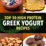 High protein Greek yogurt recipes collage, yogurt bowl with blueberries, muffins, and chocolate strawberry treats