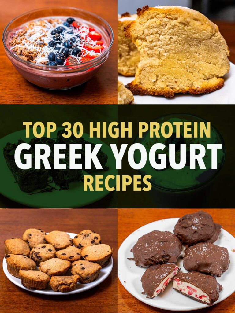 High protein Greek yogurt recipes collage, yogurt bowl with blueberries, muffins, and chocolate strawberry treats