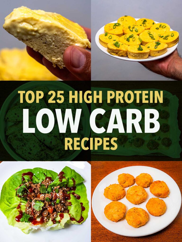 High protein low carb recipes, egg muffins, lettuce cups with ground meat, and crispy chicken fritters