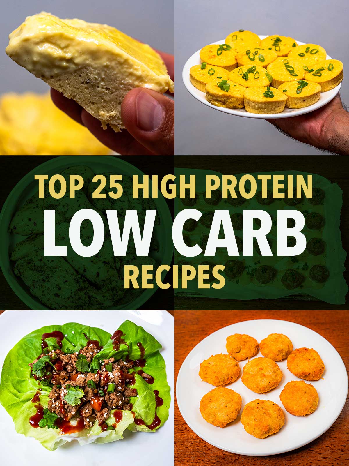 High protein low carb recipes, egg muffins, lettuce cups with ground meat, and crispy chicken fritters