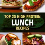 High protein lunch recipe collage, chicken sandwich, caprese bread, chicken wrap, loaded bun