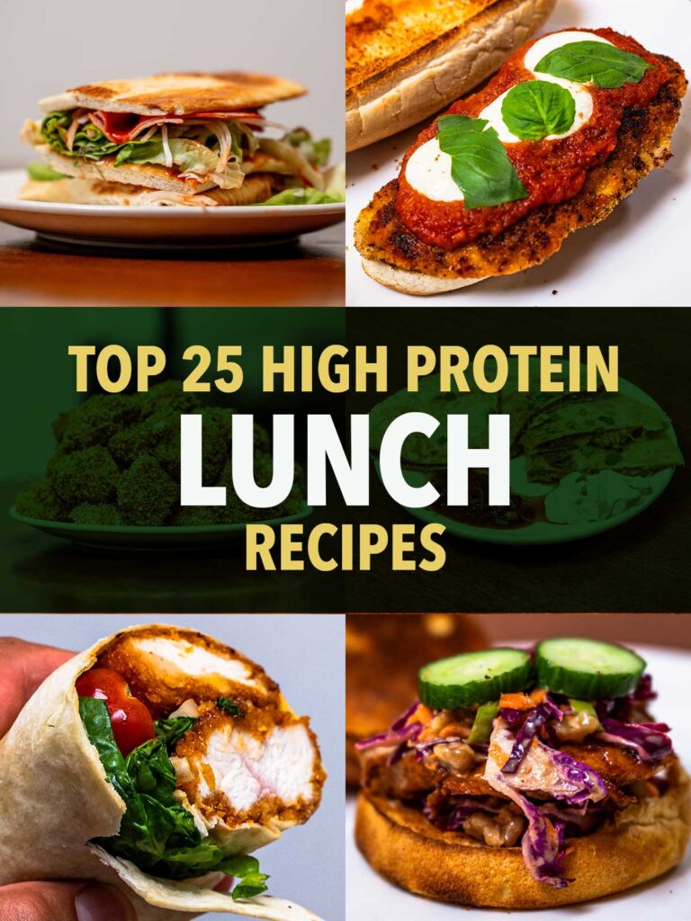 High protein lunch recipe collage, chicken sandwich, caprese bread, chicken wrap, loaded bun