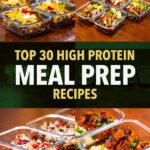 High protein meal prep recipes collage, glass containers with chicken, seasoned beef, quinoa, and rice