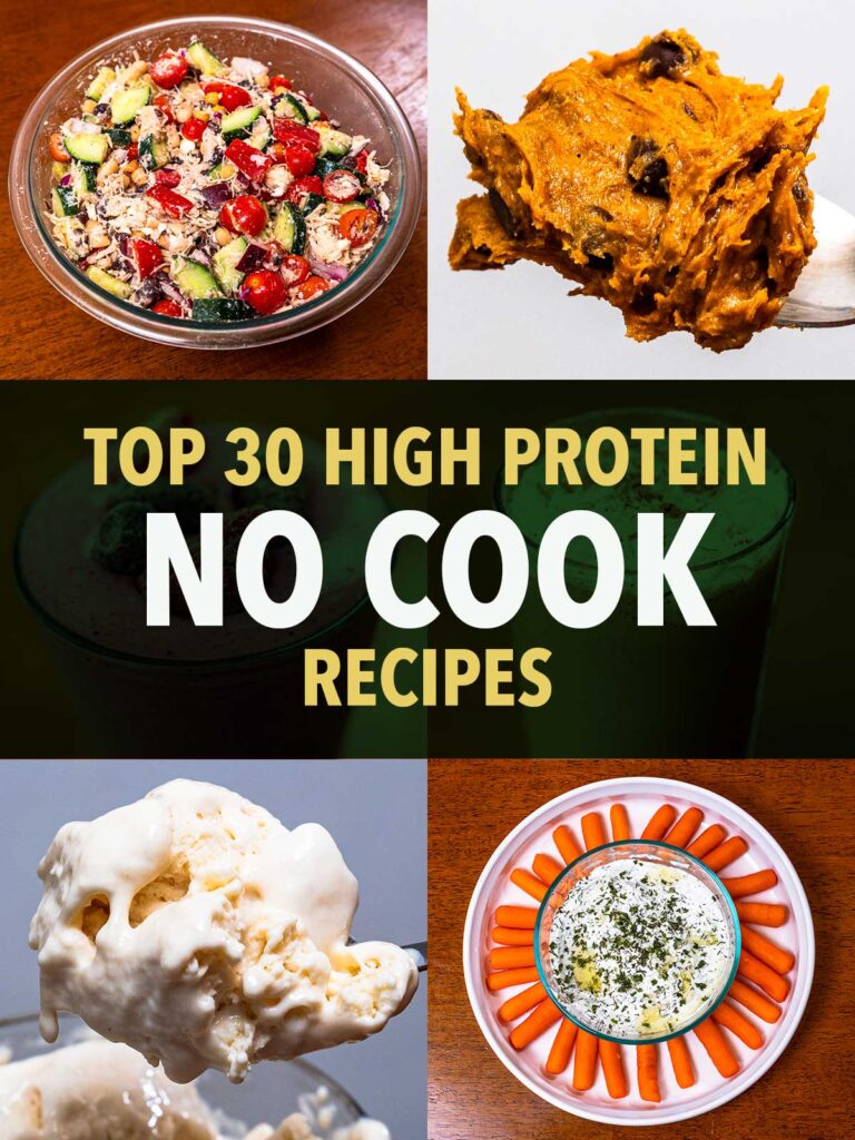 High-protein no cook recipes collage with chickpea salad, hummus dip, ice cream, and carrot sticks
