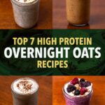 High-protein overnight oats jars with whipped cream, banana, cinnamon, and berry toppings