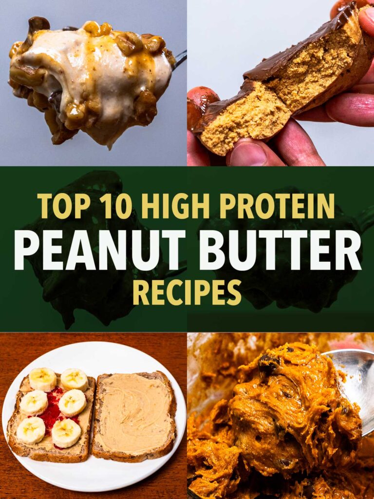 High-protein peanut butter recipes collage with ice cream, bars, toast, and cookie dough
