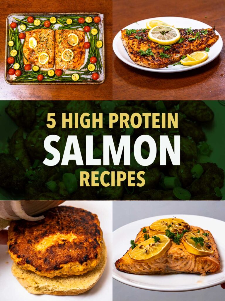 High protein salmon recipes, sheet pan salmon with lemon and asparagus, grilled salmon, and a salmon patty