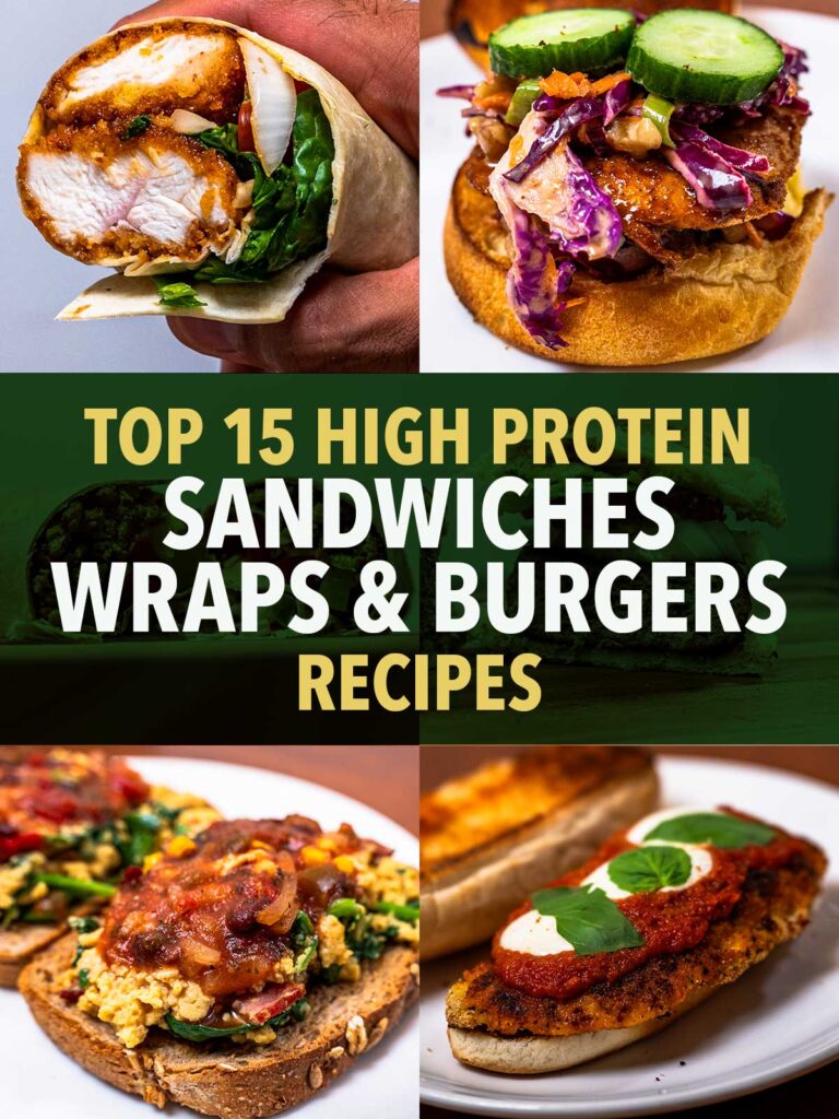 High protein sandwiches, wraps, and burgers, chicken wrap, slaw-topped burger, and open-faced sandwiches