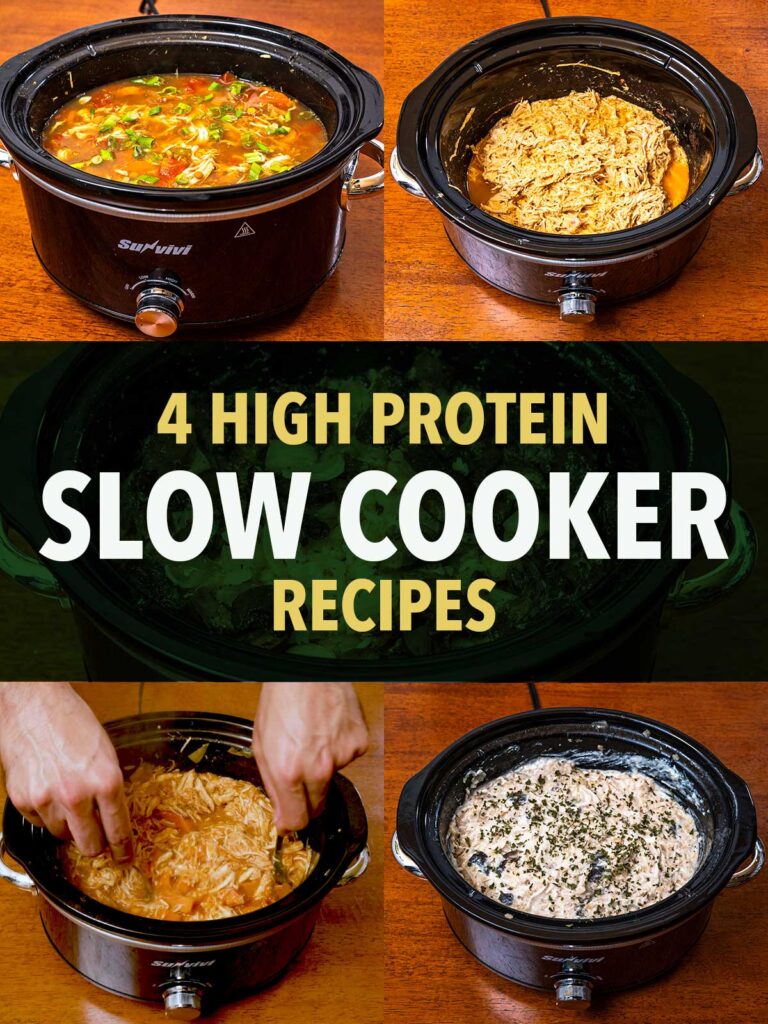 High protein slow cooker recipes, shredded chicken, chicken soup, and creamy casserole in crock pots