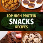 High protein snack recipe collage, granola bark bites, peanut butter cups, chocolate mousse, protein bar