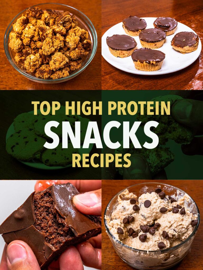 High protein snack recipe collage, granola bark bites, peanut butter cups, chocolate mousse, protein bar